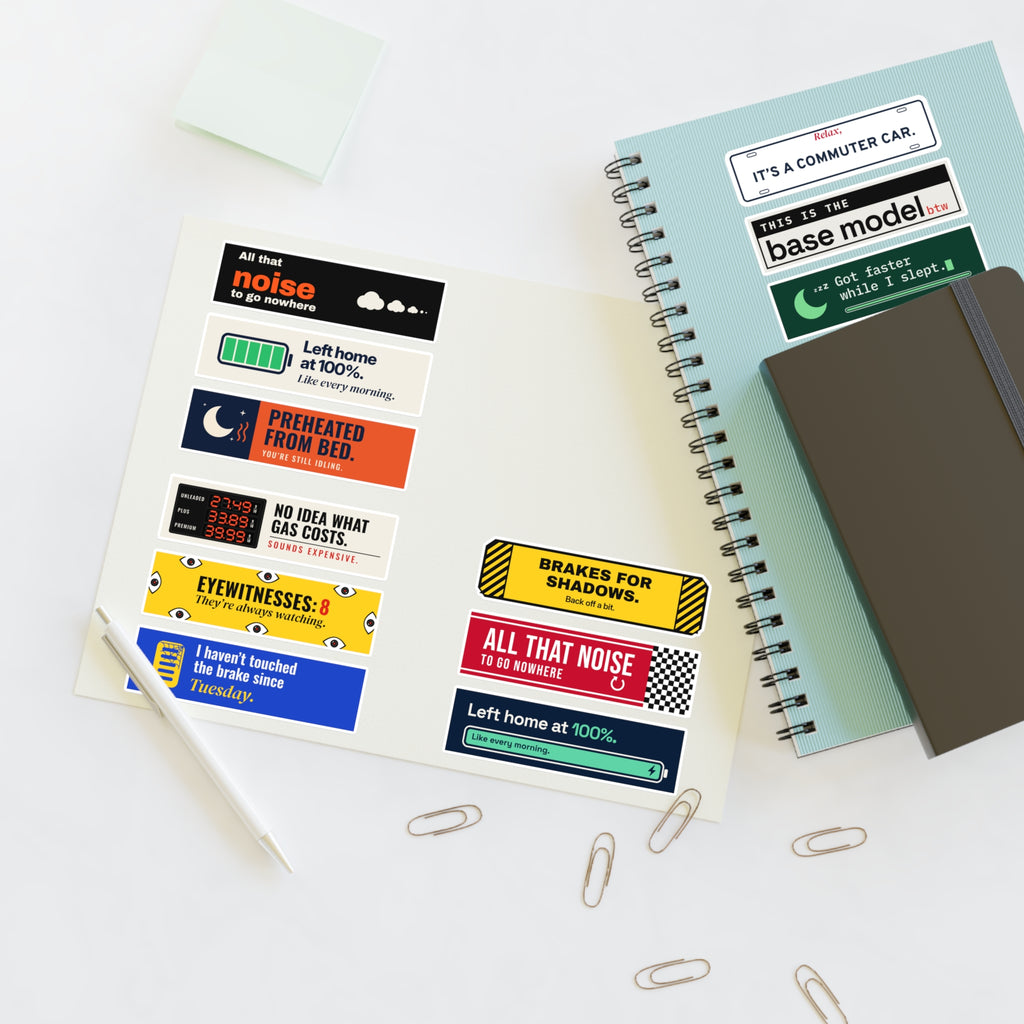 Mini Sticker Full Set, Sheet 1 of 3, stickers on a desk with a notebook