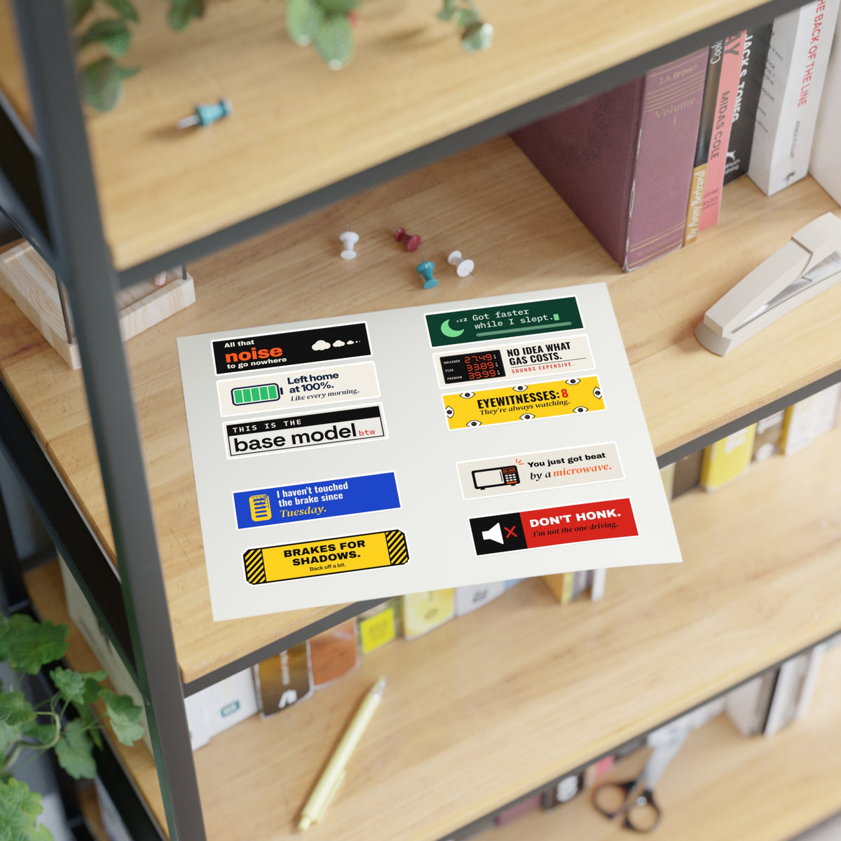 Mini 10-Pack (our picks), sticker sheet on a bookshelf