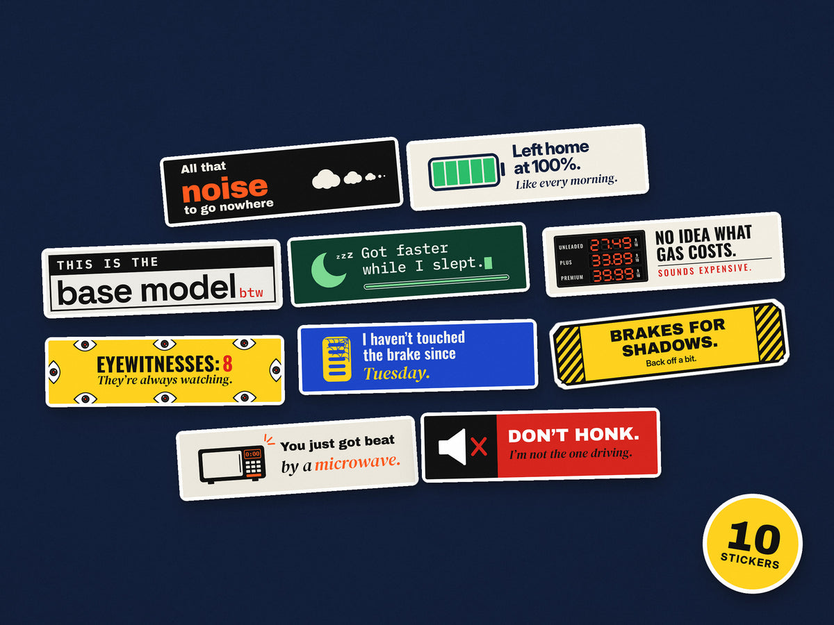 Ten mini EV joke stickers scattered on a navy backdrop