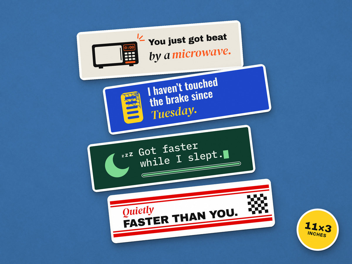 Four full-size 11 x 3 inch EV joke bumper stickers on a blue backdrop