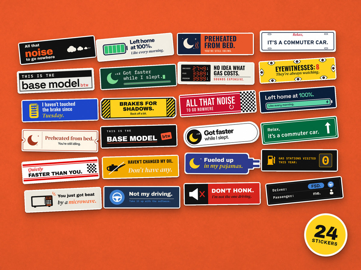 All 24 mini EV joke stickers scattered on an orange backdrop