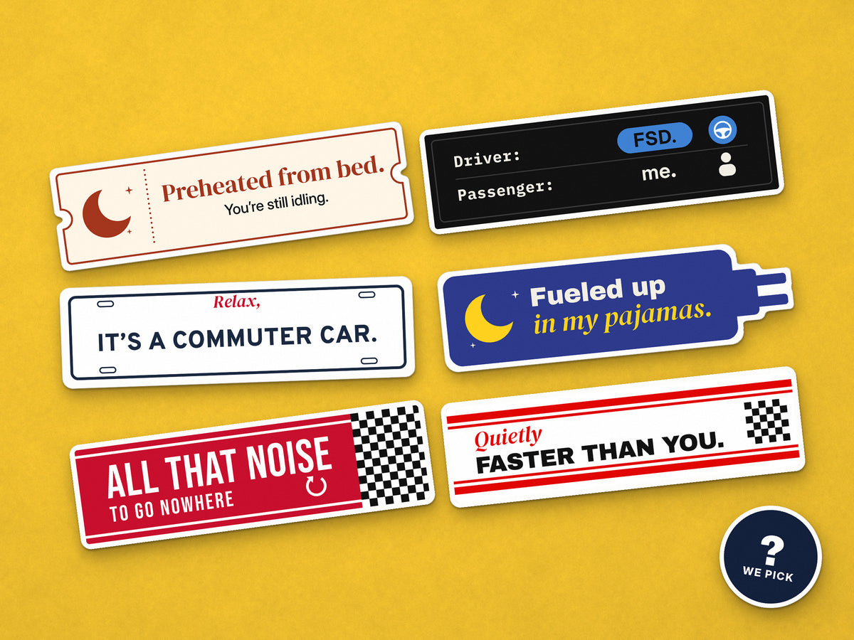 An assortment of mini EV joke stickers on a yellow backdrop
